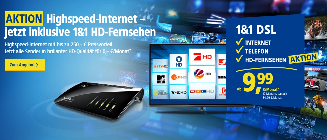 1&1 & Mobilfunk mit IPTV HD & FRITZ!Box ab 9,99€/Monat