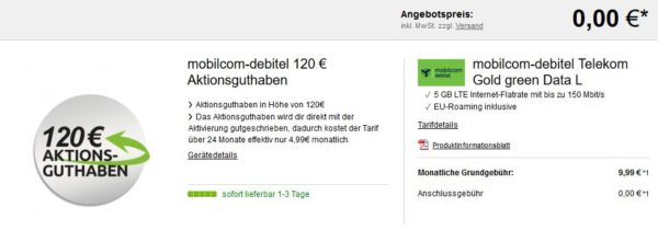 Mobilcom-Debitel (D1) Gold green Data L (5GB LTE, 150 Mbit/s) für 4,99€/Monat