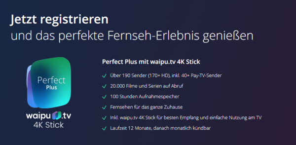WaipuTV: Perfect Plus inkl. 4K Streaming Stick für 8€/Monat