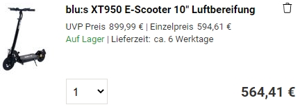 blu:s Stalker XT950 E-Scooter mit Straßenzulassung für 564,41€