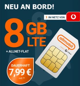 *JETZT 2 GB GRATIS ON TOP* Allmobil: 8 GB LTE Allnet-Flat im Vodafone-Netz für 7,99€/Monat // 10 GB LTE für 11,99€/Monat