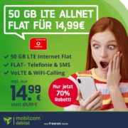 *ENDET UM 20 UHR* *KNALLER* 50 GB LTE (bis 100 Mbit/s) + Alles-Flat + WiFi Call + eSIM im Vodafone-Netz für 14,99€/Monat