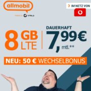 *JETZT 50€ BONUS* 8 GB LTE Allnet-Flat im Vodafone-Netz für 7,99€/Monat