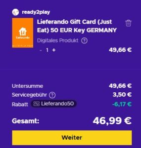 50€ Lieferando Gutschein für 46,99€
