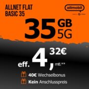 Allmobil 35GB 5G + Alles-Flat im Vodafone-Netz für eff. 4,32€/Monat dank 40€ Wechselbonus
