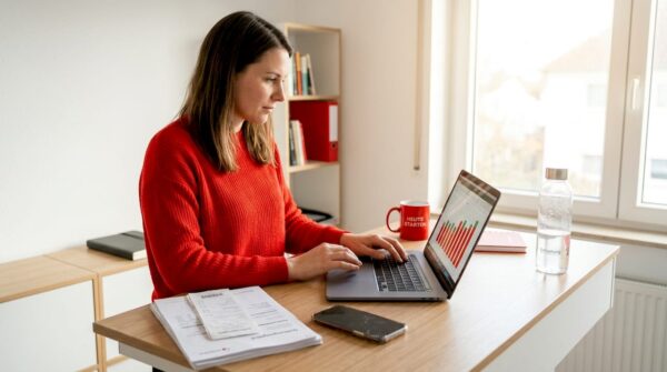 Analyst updates sales chart on laptop Analyst updates sales chart on laptop