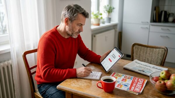 Man compares discount offers at breakfast table