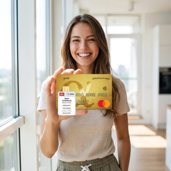 advanzia mastercard gold lifestyle Frau haelt die gebuehrenfreie Advanzia Mastercard Gold