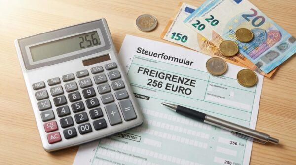 Kontoprämie versteuern: Taschenrechner, Steuerformular und 256-Euro-Freigrenze auf dem Schreibtisch