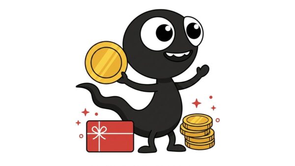 MonsterDealz Maskottchen mit Goldmuenze und rotem Geschenk: M-Coins sammeln