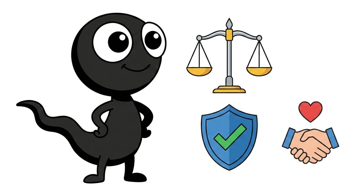 MonsterDealz-Monster neben Waage, Schutzschild mit Häkchen und Handschlag – Symbol für Integrität und Fairness