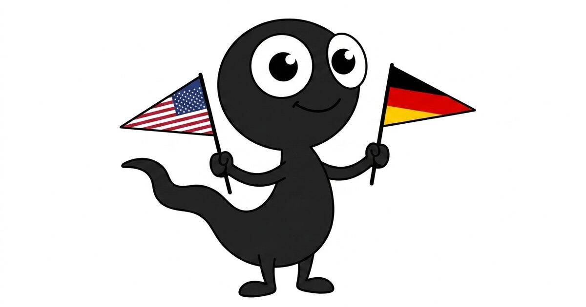 MonsterDealz-Monster hält zwei Fähnchen – USA- und Deutschland-Flagge