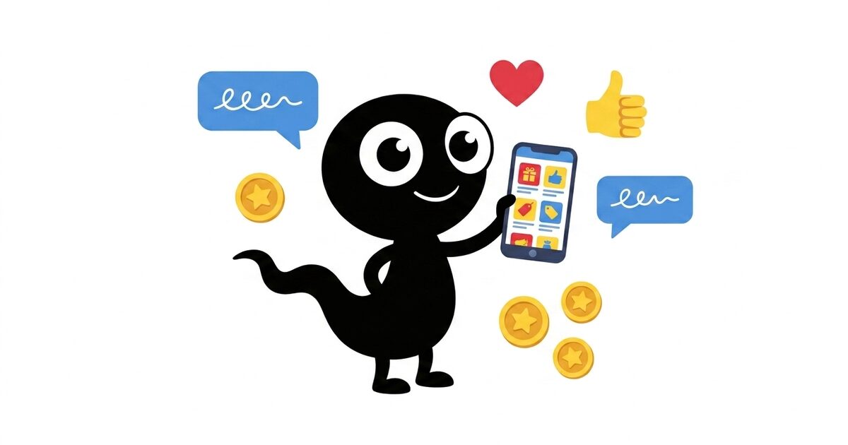 MonsterDealz-Monster mit Smartphone, Community-Sprechblasen, Münzen und Herz – App und Community