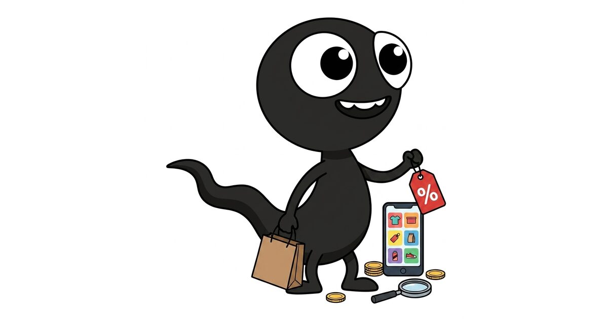 MonsterDealz-Monster präsentiert Online-Deals mit Einkaufstüte, Rabatt-Schild und Smartphone