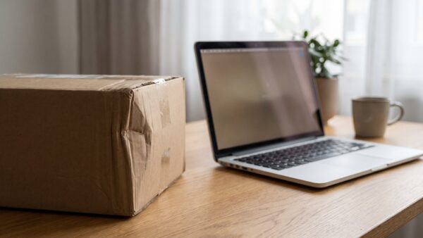 amazon reklamation 1 Amazon Reklamation: beschädigtes Paket und Laptop mit Bestellübersicht auf einem Schreibtisch