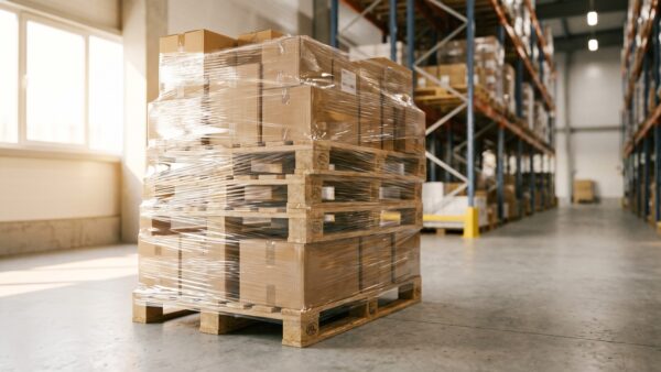amazon retourenkauf retourenpaletten Amazon Retourenpaletten: gestapelte foliierte Paletten mit Retourenware in einer Lagerhalle
