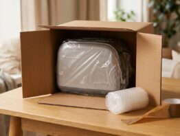 Amazon Retourenkauf: geoeffneter Versandkarton mit eingepacktem Elektrogeraet und Verpackungsmaterial