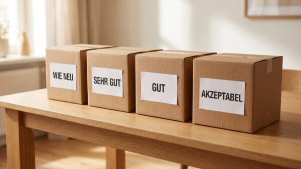 amazon retourenkauf zustandsklassen Vier Zustandsklassen beim Amazon Retourenkauf: sortierte Kartons mit PrĂĽfetiketten