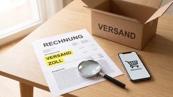 Rechnung mit versteckten Versandkosten und Lupe auf dem Kleingedruckten