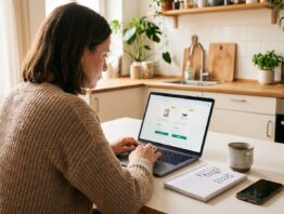 Frau vergleicht am Küchentisch Angebote verschiedener Anbieter am Laptop