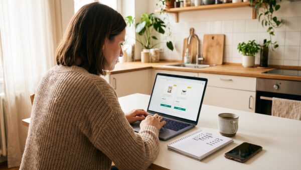 Frau vergleicht am Küchentisch Angebote verschiedener Anbieter am Laptop