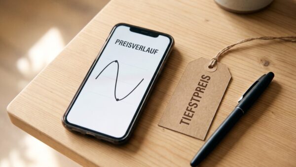 Preisverlauf eines Produkts auf dem Smartphone mit markiertem Tiefstpreis