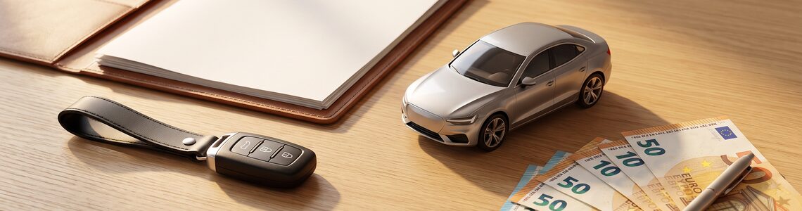 Auto verkaufen 2026 – Autoschlüssel, Fahrzeugpapiere und Geldscheine auf Schreibtisch