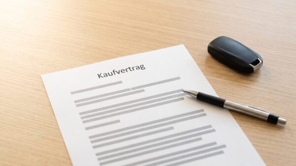 Kaufvertrag beim Autoverkauf mit Kugelschreiber und Autoschlüssel