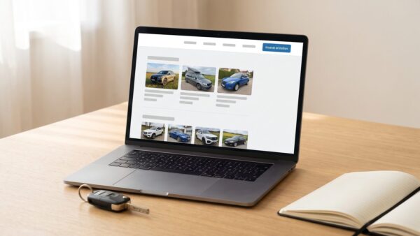 Auto online verkaufen über eine Fahrzeugbörse — Inserat am Laptop erstellen
