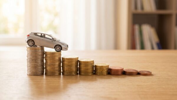 Wertverlust beim Auto — Miniaturauto auf absteigenden Münzstapeln