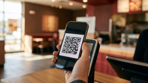 Hand hält Smartphone mit QR-Code vor ein Kassenterminal im Fastfood-Restaurant