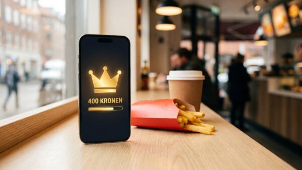 Smartphone mit Treuepunkte-Anzeige neben Pommes und Getränk auf einem Tresen