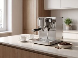Kaffeemaschine und Espressotassen auf einer hellen Kuechenzeile