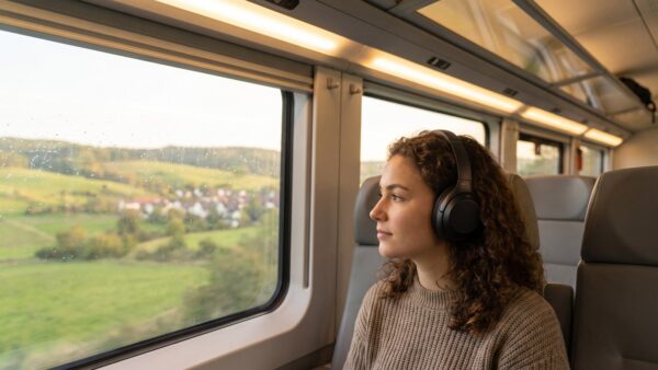 black friday kopfhoerer 2 anc kopfhoerer zug Frau mit Over-Ear-Kopfhörern mit aktiver Geräuschunterdrückung im Zug