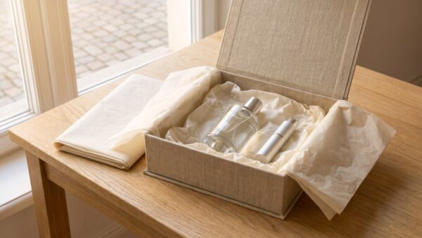 Geöffnetes Parfum-Geschenkset mit Flakon und Reisezerstäuber vor Weihnachten