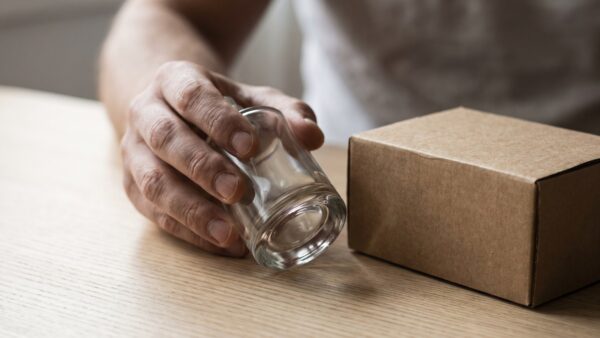 Hand prüft den Chargencode am Boden eines Parfumflakons