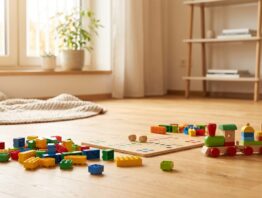 Bausteine, Brettspiel und Lernspielzeug im Kinderzimmer zum Black Friday