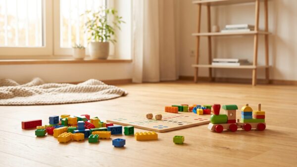 Bausteine, Brettspiel und Lernspielzeug im Kinderzimmer zum Black Friday