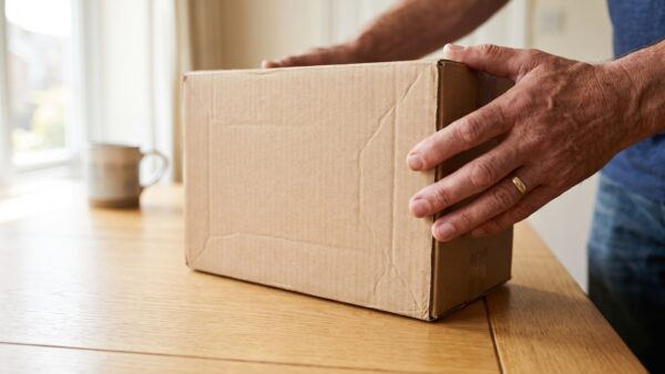 Eltern prüfen Altersangabe und Sicherheitshinweise auf einer Spielzeugverpackung