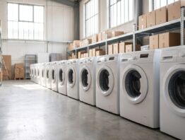 Reihe weißer Waschmaschinen im Lager eines Elektronikmarkts zur Black Week