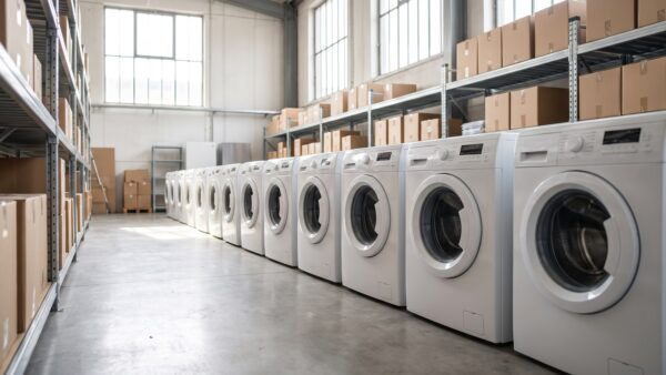 black friday waschmaschine 1 black friday waschmaschine lager Reihe weiĂer Waschmaschinen im Lager eines Elektronikmarkts zur Black Week
