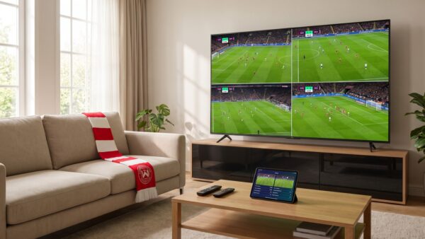 Bundesliga Übertragung 2026/27 mit Multiview auf dem Fernseher im Wohnzimmer