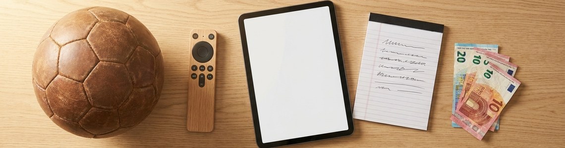 Fussball Fernbedienung Tablet und Geldscheine Sport-Abo