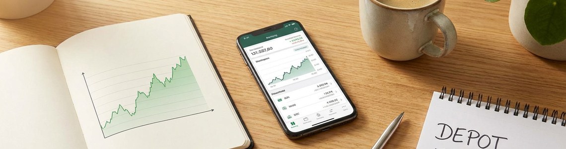 Depot eröffnen 2026 – Schreibtisch mit Notebook, Aktienchart und Banking-App