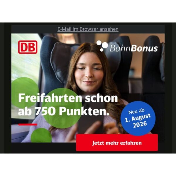 deutsche bahn freifahrt bahnbonus 1 Deutsche Bahn BahnBonus Freifahrt Prämie ab 750 Punkten