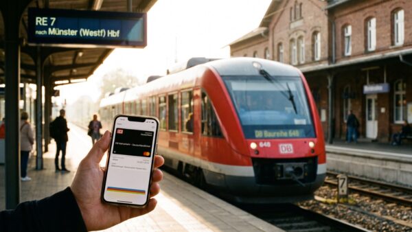 Regionalzug am Bahnsteig mit digitalem Nahverkehrs-Ticket