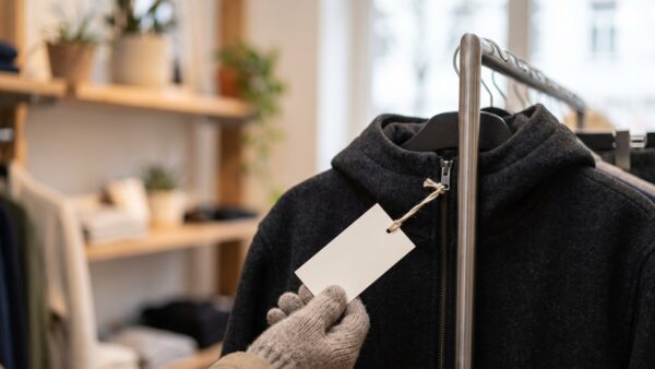 engelhorn rabattcode 3 sale preis pruefen mode Preisschild an Jacke am Kleiderständer beim Prüfen von Sale-Preisen im Modehaus