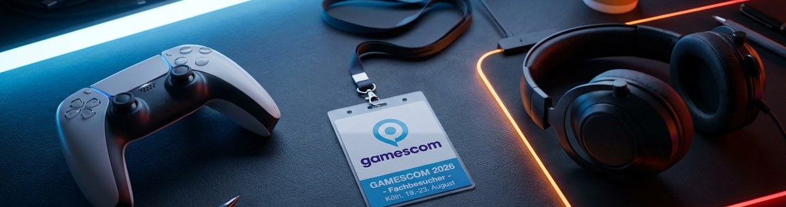 Gamescom 2026 – Controller, Messe-Badge und Headset