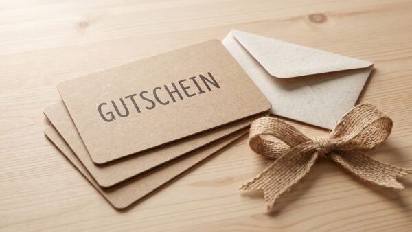 geschenke gutschein Mehrere Geschenkgutscheine aus Karton auf einem Holztisch