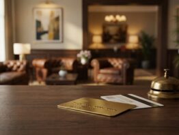 Goldene Kreditkarte mit 60.000 Punkten Willkommensbonus an Hotelrezeption